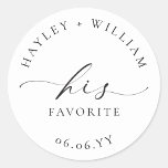 Ellesmere His Favourite Favour Classic Round Stick Classic Round Sticker<br><div class="desc">These wedding favour stickers feature a minimalist design and calligraphy heading. Personalize the stickers with your names and date, the script heading is not editable. These favour stickers can be used for weddings, bridal showers, baby showers, birthdays, or any other event. For more advanced customization of this design, simply select...</div>