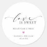 Ellesmere Love Is Sweet Wedding Favour Classic Round Sticker<br><div class="desc">These wedding favour stickers feature a minimalist design and calligraphy heading. Personalize the bags with your names and date, the script heading is not editable. These favour stickers can be used for weddings, bridal showers, baby showers, birthdays, or any other event. For more advanced customization of this design, simply select...</div>