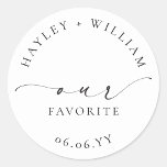 Ellesmere Our Favourite Favour Classic Round Stick Classic Round Sticker<br><div class="desc">These wedding favour stickers feature a minimalist design and calligraphy heading. Personalize the stickers with your names and date, the script heading is not editable. These favour stickers can be used for weddings, bridal showers, baby showers, birthdays, or any other event. For more advanced customization of this design, simply select...</div>