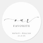 Ellesmere Our Favourite Favour Classic Round Stick Classic Round Sticker<br><div class="desc">These wedding favour stickers feature a minimalist design and calligraphy heading. Personalize the bags with your names and date, the script heading is not editable. These favour stickers can be used for weddings, bridal showers, baby showers, birthdays, or any other event. For more advanced customization of this design, simply select...</div>