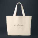 Ellesmere Wedding Welcome Large Tote Bag<br><div class="desc">Welcome your guests to your wedding with the Ellesmere wedding tote. This wedding welcome tote bag features a minimalist design with a script calligraphy heading. The names and date can be customized to suit your wedding, however, the script heading is an image that cannot be edited. For more advanced customization...</div>