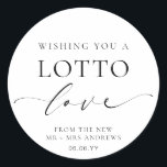 Ellesmere Wishing You A Lotto Love Wedding Classic Round Sticker<br><div class="desc">These lotto ticket wedding favour stickers feature a minimalist design and calligraphy heading. Personalize the stickers with your names and date, the script heading is not editable. These favour stickers can be used for weddings, bridal showers, baby showers, birthdays, or any other event. For more advanced customization of this design,...</div>