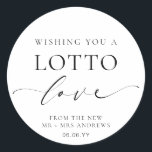 Ellesmere Wishing You A Lotto Love Wedding Classic Round Sticker<br><div class="desc">These lotto ticket wedding favour stickers feature a minimalist design and calligraphy heading. Personalize the stickers with your names and date, the script heading is not editable. These favour stickers can be used for weddings, bridal showers, baby showers, birthdays, or any other event. For more advanced customization of this design,...</div>