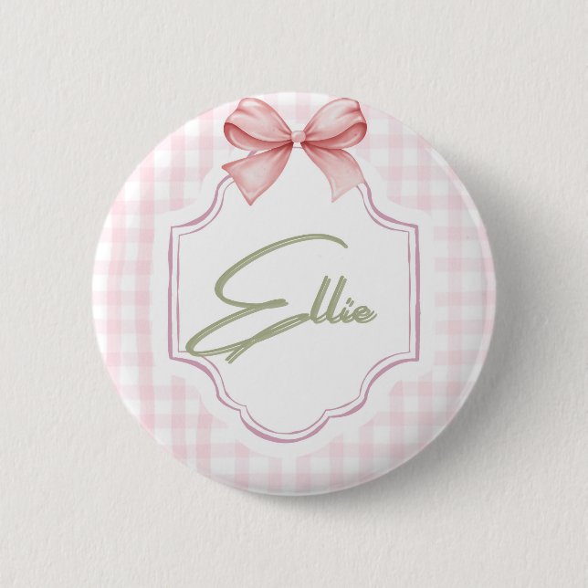 Ellie Personalized Pink Bow & Gingham Print  2 Inch Round Button (Front)