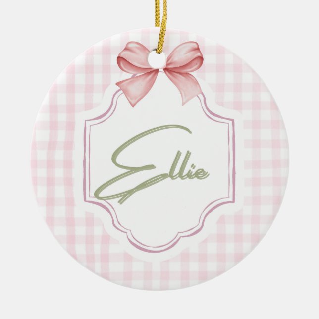 Ellie Personalized Pink Bow & Gingham Print  Ceramic Ornament (Front)