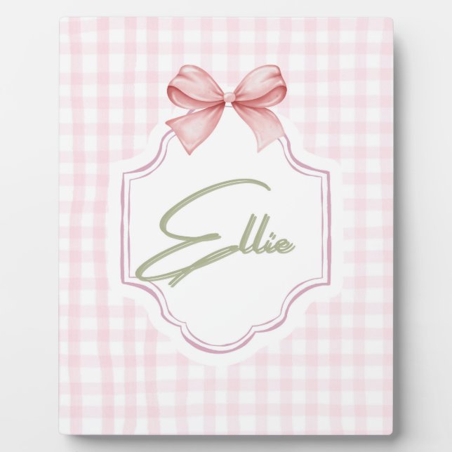 Ellie Personalized Pink Bow & Gingham Print  Plaque (Front)