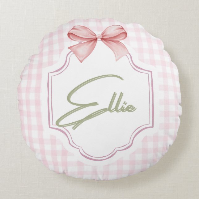 Ellie Personalized Pink Bow & Gingham Print  Round Pillow (Front)
