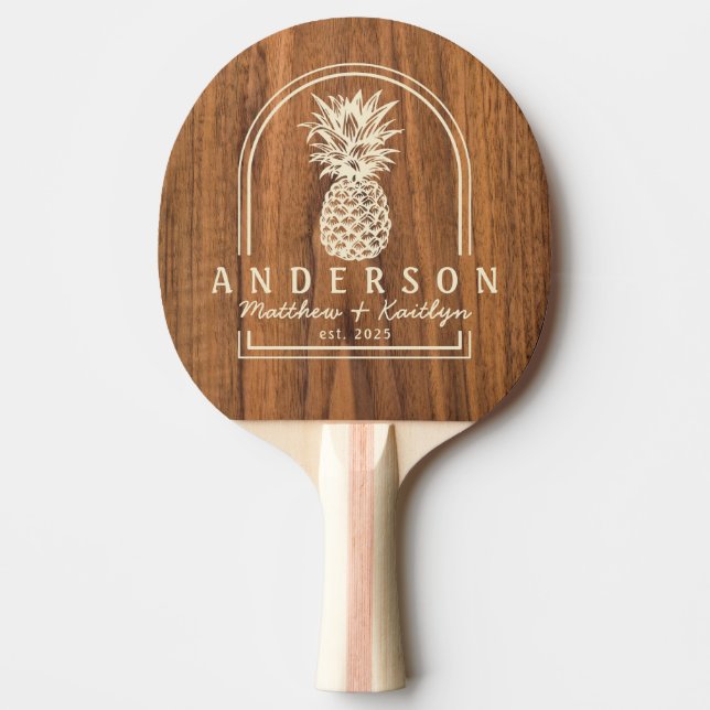 Elm Wood Pineapple Wedding Arch & Name Ping Pong Paddle (Front)