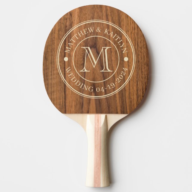 Elm Wood Wedding Monogram Ping Pong Paddle (Front)