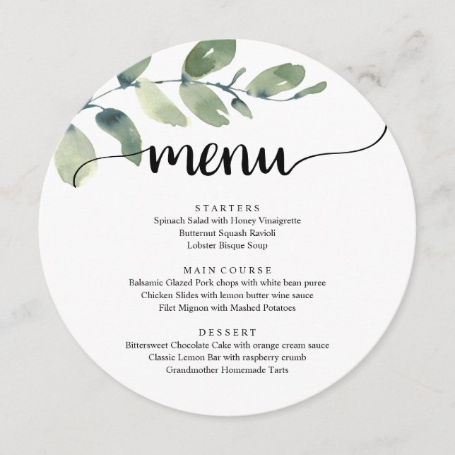 Elopement Dinner Modern Rustic Eucalyptus Greenery Menu (Front)