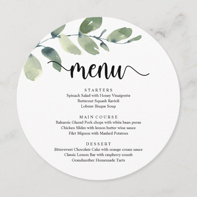 Elopement Dinner Modern Rustic Eucalyptus Greenery Menu (Front)