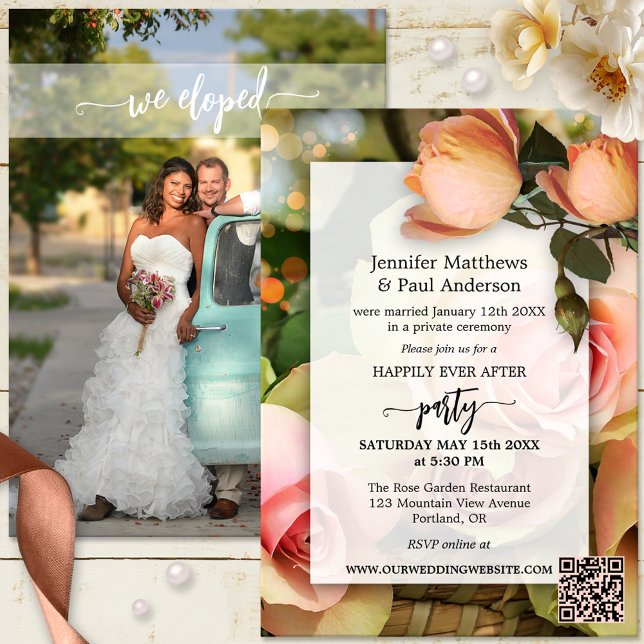 Elopement Happily Ever After Wedding Photo Invitation (Boho chic happily ever after wedding party invitation with photo, roses and QR code template)
