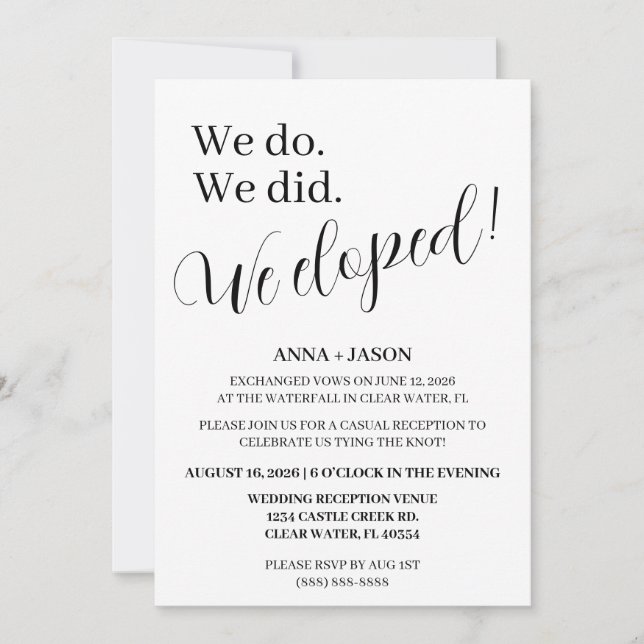 elopement wedding reception invitations (Front)