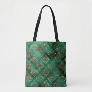 Elrgant Green Gold Glitter Damask Chic Tote Bag