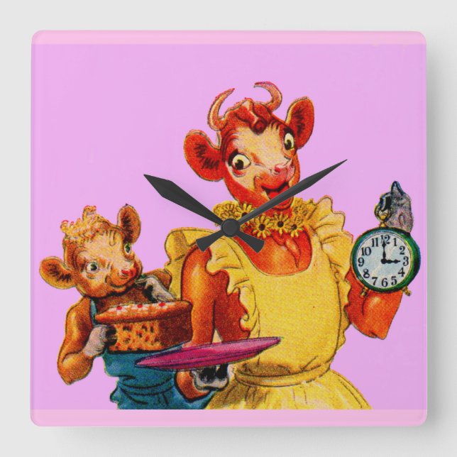 Elsie the Cow and daughter Beulah - It's Cake Time Square Wall Clock (Front)