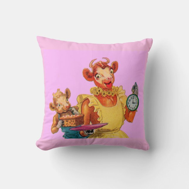 Elsie the Cow and daughter Beulah - It's Cake Time Throw Pillow (Front)