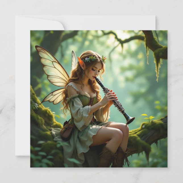  Elven Fairy Playing Clarinet in Enchanted Forest Card (Front)