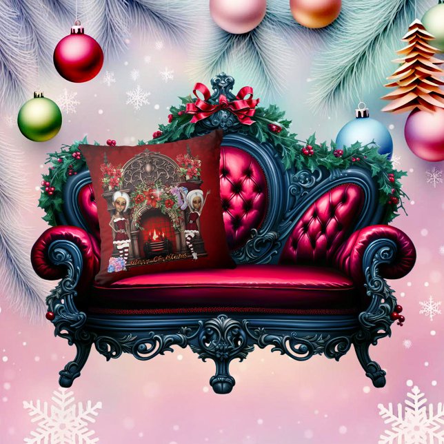 Elves are looking forward to Christmas. Throw Pillow (Cute elves)
