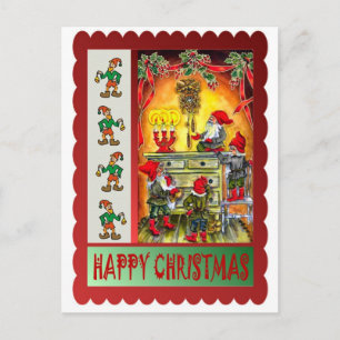 Elves at home holiday postcard