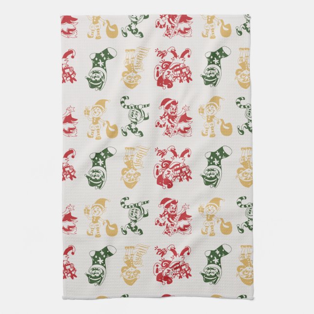 Elves Candy Cane Stockings Christmas Tree Pattern Kitchen Towel (Vertical)
