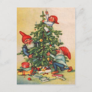 Elves Decorating Christmas Tree Holiday Postcard