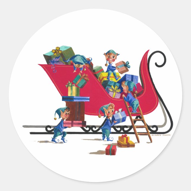 ELVES FILLING SANTA'S SLEIGH by SHARON SHARPE Classic Round Sticker (Front)
