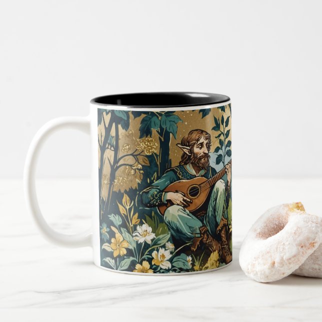 Elves Playing Lutes in the Forest Two-Tone Coffee Mug (With Donut)