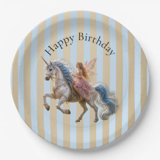 Elvish Fairy Riding a Unicorn Happy Birthday Paper Plate