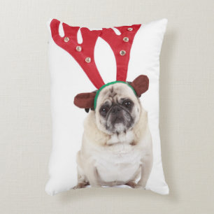 Embarrassed looking Pug wearing Reindeer Antlers Accent Pillow