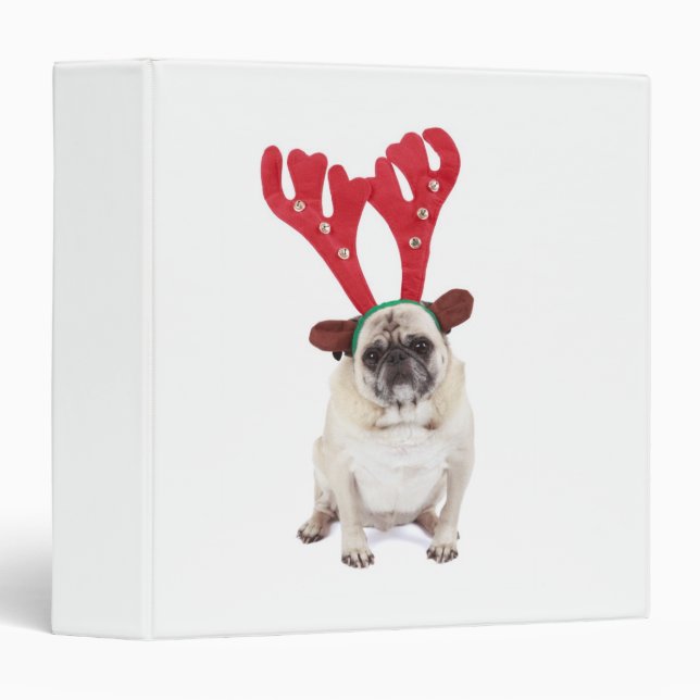 Embarrassed looking Pug wearing Reindeer Antlers Binder (Front/Spine)