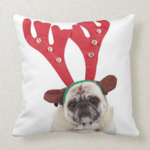 Embarrassed looking Pug wearing Reindeer Antlers Throw Pillow