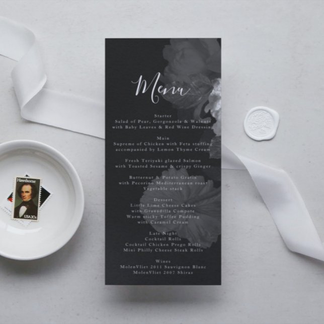 Embellished Black and White Floral Wedding Menu (Creator Uploaded)
