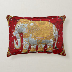 Embellished Indian Elephant Red and Gold Accent Pillow