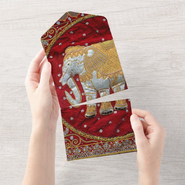 Embellished Indian Elephant Red and Gold All In One Invitation (Tearaway)
