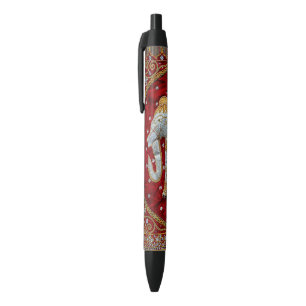 Embellished Indian Elephant Red and Gold Black Ink Pen