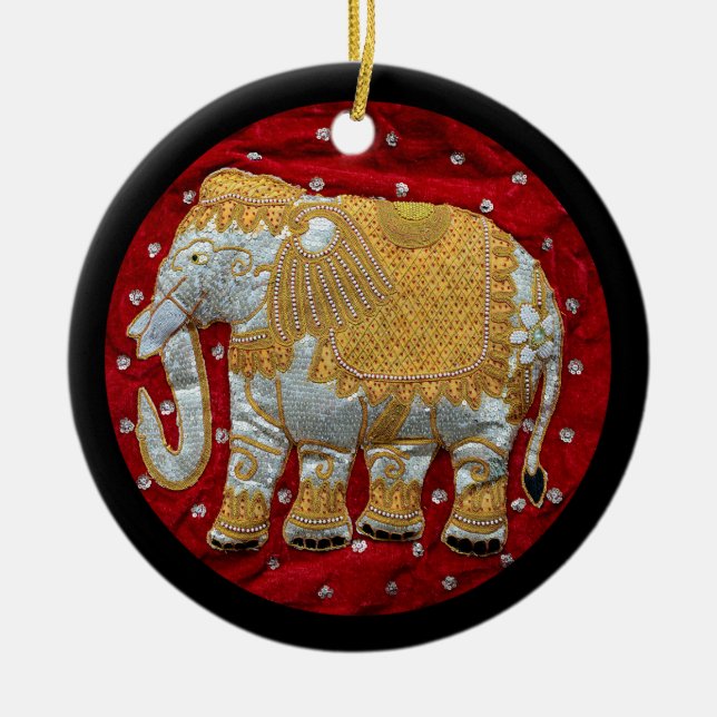 Embellished Indian Elephant Red and Gold Ceramic Ornament (Front)