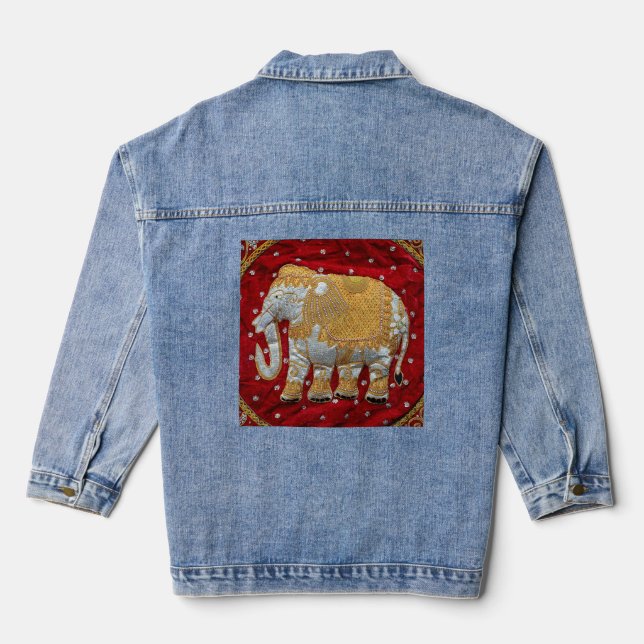 Embellished Indian Elephant Red and Gold Denim Jacket (Back)
