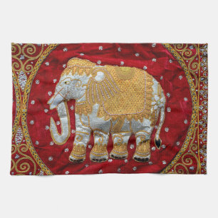Embellished Indian Elephant Red and Gold Kitchen Towel