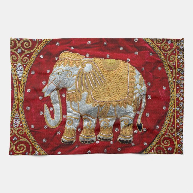 Embellished Indian Elephant Red and Gold Kitchen Towel (Horizontal)