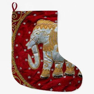 Embellished Indian Elephant Red and Gold Large Christmas Stocking