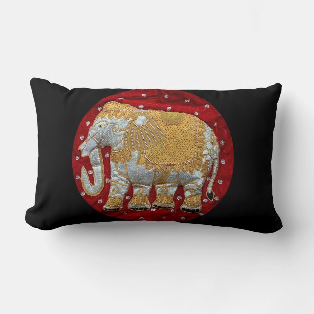 Embellished Indian Elephant Red and Gold Lumbar Pillow (Front)