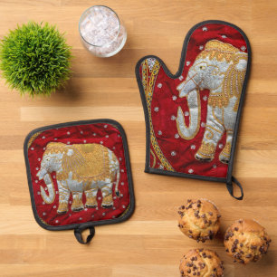 Embellished Indian Elephant Red and Gold Oven Mitt & Pot Holder Set