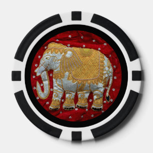 Embellished Indian Elephant Red and Gold Poker Chips
