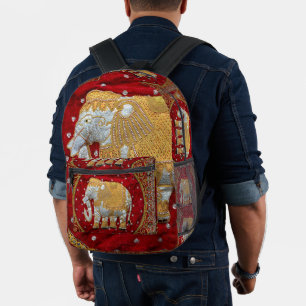 Embellished Indian Elephant Red and Gold Printed Backpack