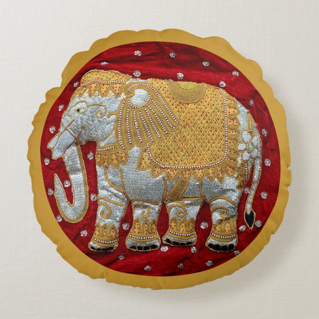 Embellished Indian Elephant Red and Gold Round Pillow (Front)