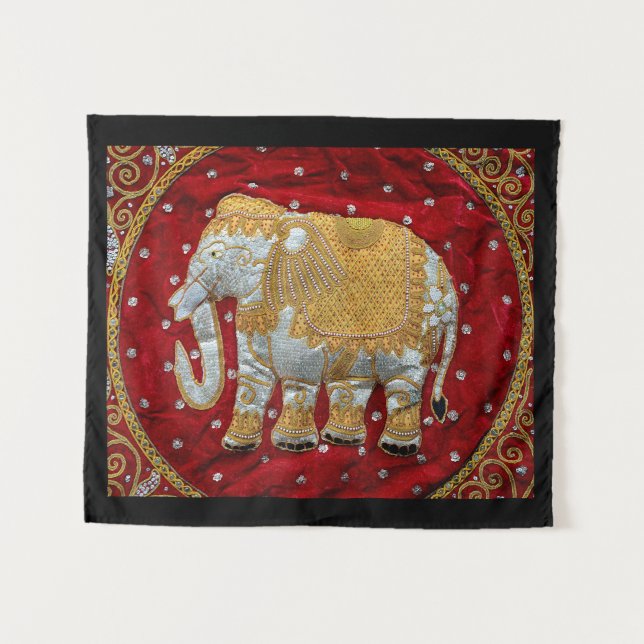 Embellished Indian Elephant Red and Gold Tapestry (Front (Horizontal))