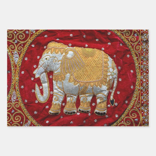 Embellished Indian Elephant Red and Gold Wrapping Paper Sheet (Front)