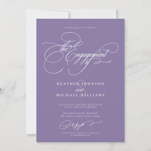 Embellished Lilac Lavender Calligraphy Engagement Invitation (Front)