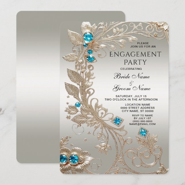 Embellishing Gold Blue Stone Engagement Invitation (Front/Back)