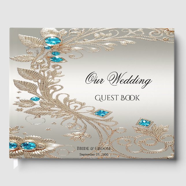 Embellishing Gold Blue Stones Guest Book (Front)